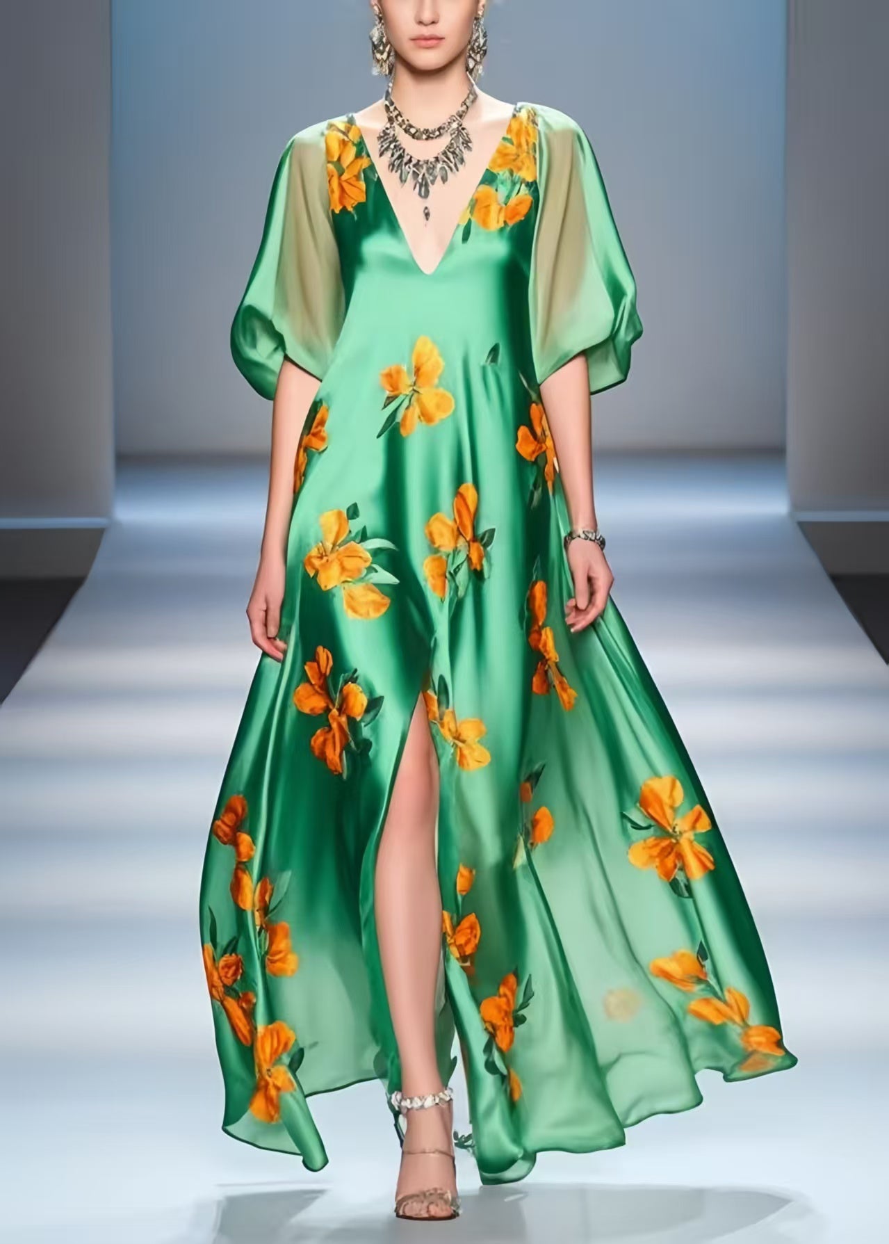 Beautiful Peacock Green Print Side Open Silk A Line Dresses Summer