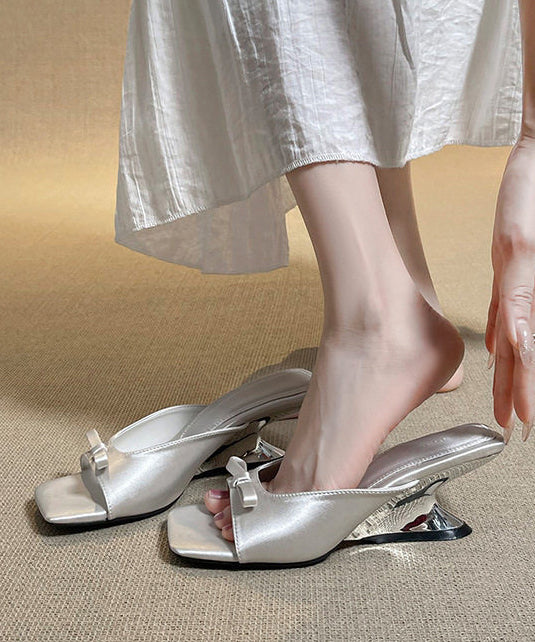 Beautiful Peep Toe Wedge White Satin Slide Sandals
