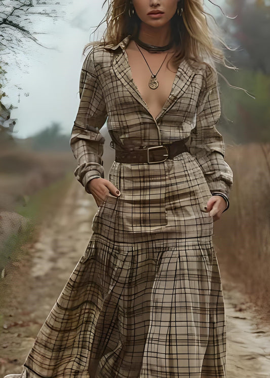 Beautiful Peter Pan Collar Plaid Patchwork Cotton Long Dress Spring