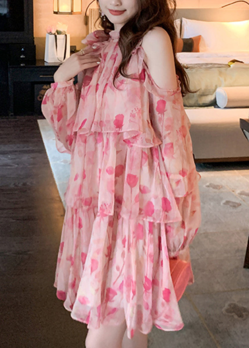 Beautiful Pink Cold Shoulder Print Chiffon Mid Dress Summer