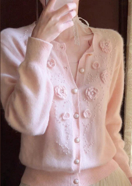 Beautiful Pink Floral Decorated Nail Bead Knit Cardigan Winter