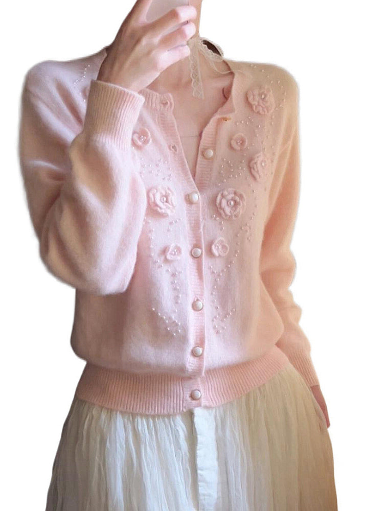 Beautiful Pink Floral Decorated Nail Bead Knit Cardigan Winter