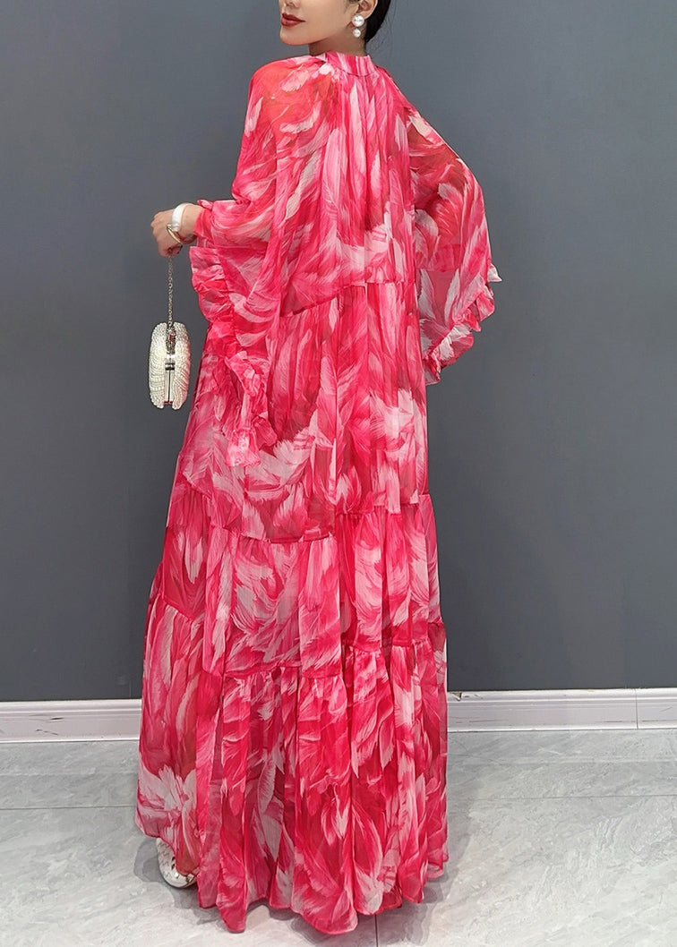 Beautiful Pink Flower Ruffled Chiffon Maxi Dress Batwing Sleeve