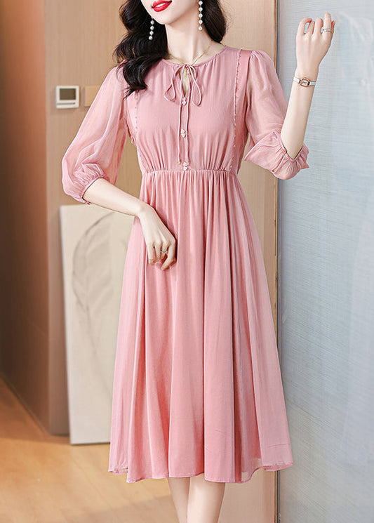 Beautiful Pink Lace Up Wrinkled Chiffon Dress Summer