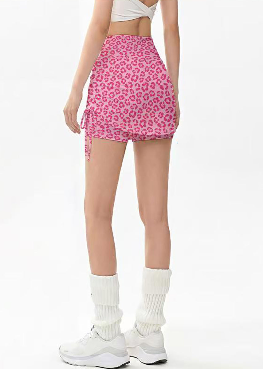Beautiful Pink Leopard Print High Waist Drawstring Fake Two Piece Built-In Shorts Workout Gym Skort