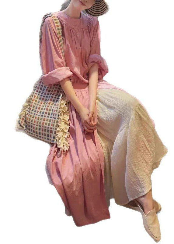 Beautiful Pink O Neck Button Wrinkled Cotton Set Fall