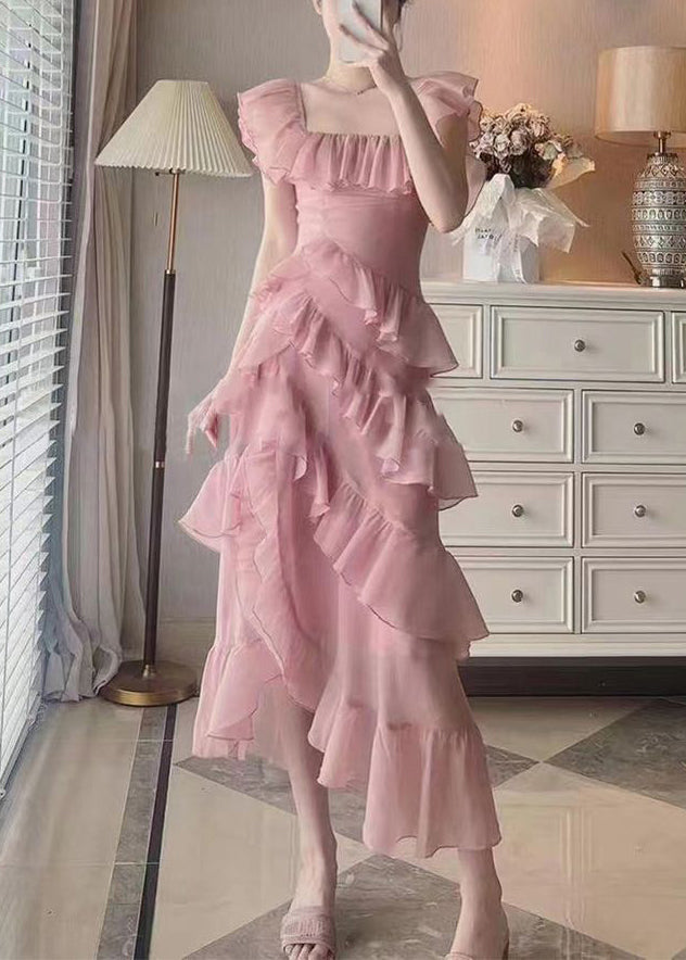 Beautiful Pink Ruffled Asymmetrical Design Patchwork Chiffon Dresses Summer