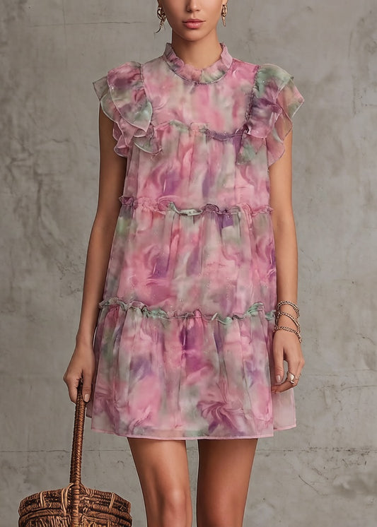 Beautiful Pink Ruffled Print Chiffon Mid Dress Summer
