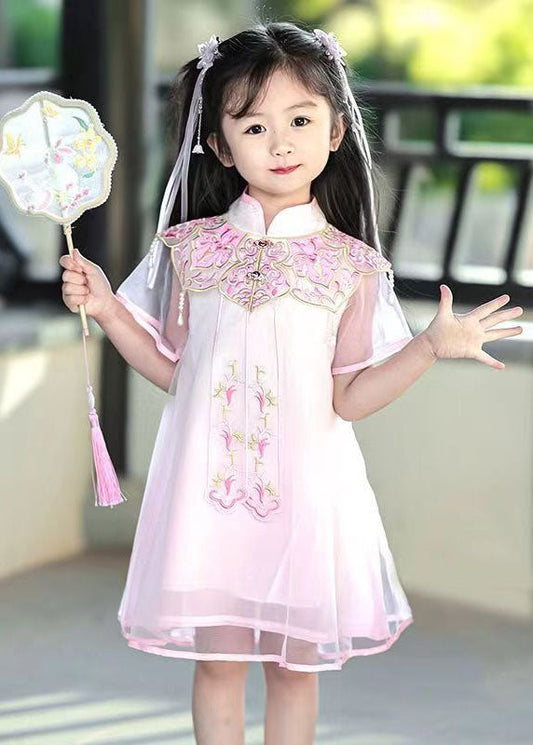 Beautiful Pink Stand Collar Embroideried Tulle Girls Holiday Tulle Maxi Dress Summer