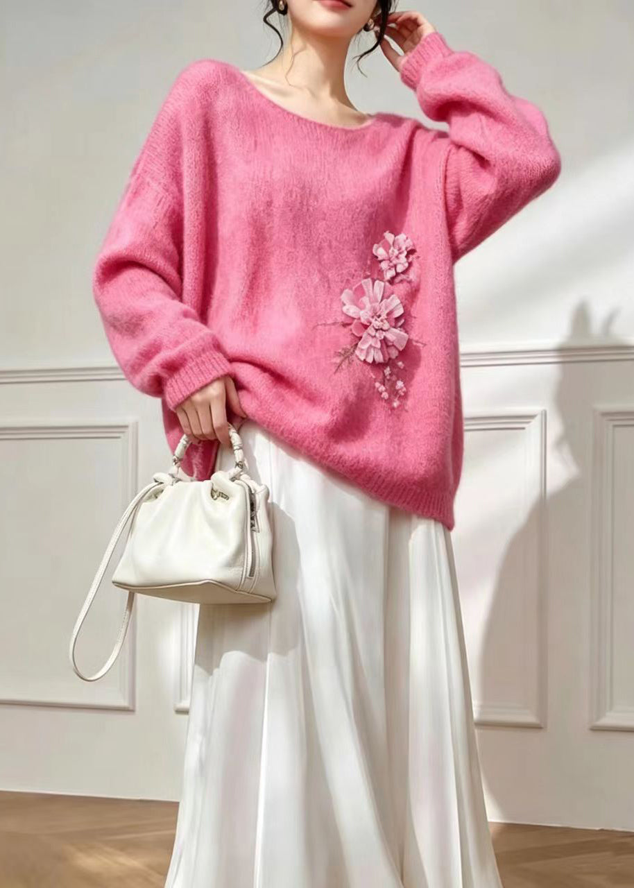 Beautiful Pink U Neck Nail Bead Floral Oversized Knitted Tops Fall