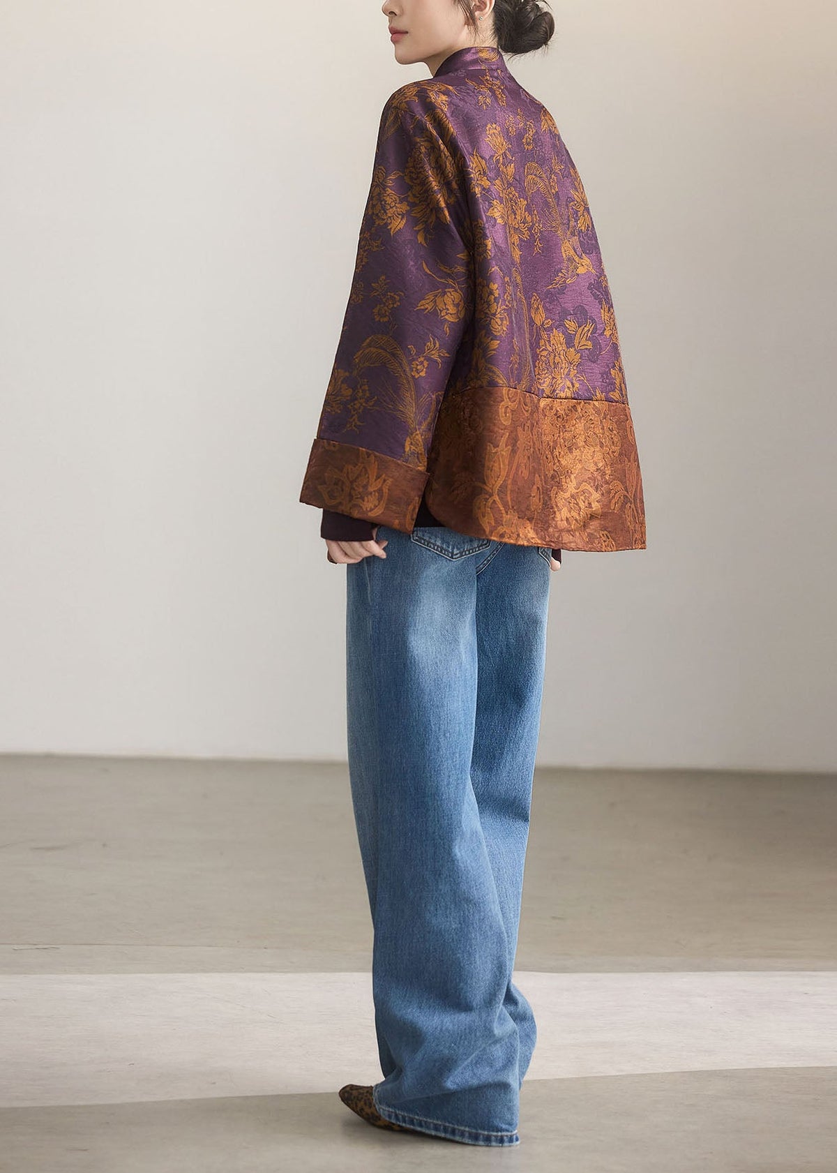 Beautiful Purple Mandarin Collar Jacquard Silk Coats Fall