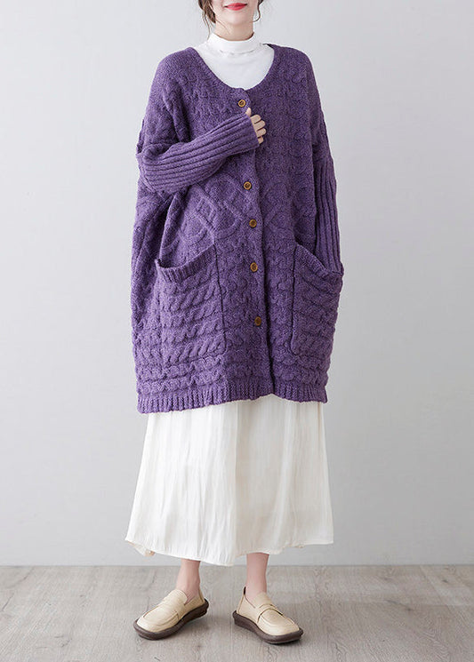 Beautiful Purple O Neck Pockets Patchwork Knit Sweater Coat Fall