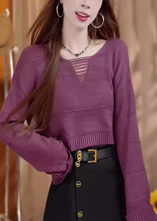 Beautiful Purple O Neck Short Knit Pullover Long Sleeve