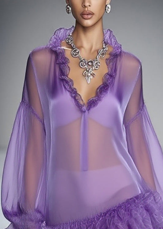 Beautiful Purple Ruffled Solid Tulle Mid Dress Spring