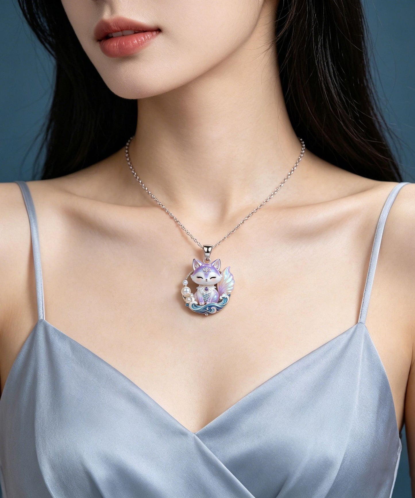 Beautiful Purple Stainless Steel Pearl Enamel Spirit Fox Pendant Necklace