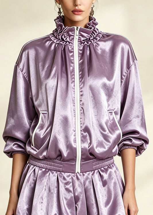 Beautiful Purple Stand Collar Zip-Up Jacket And Bubble Skirt Two Piece Set Fall