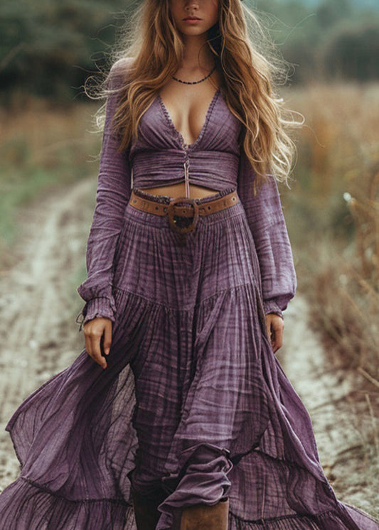 Beautiful Purple V Neck Hollow Out Wrinkled Cotton Maxi Dress Spring