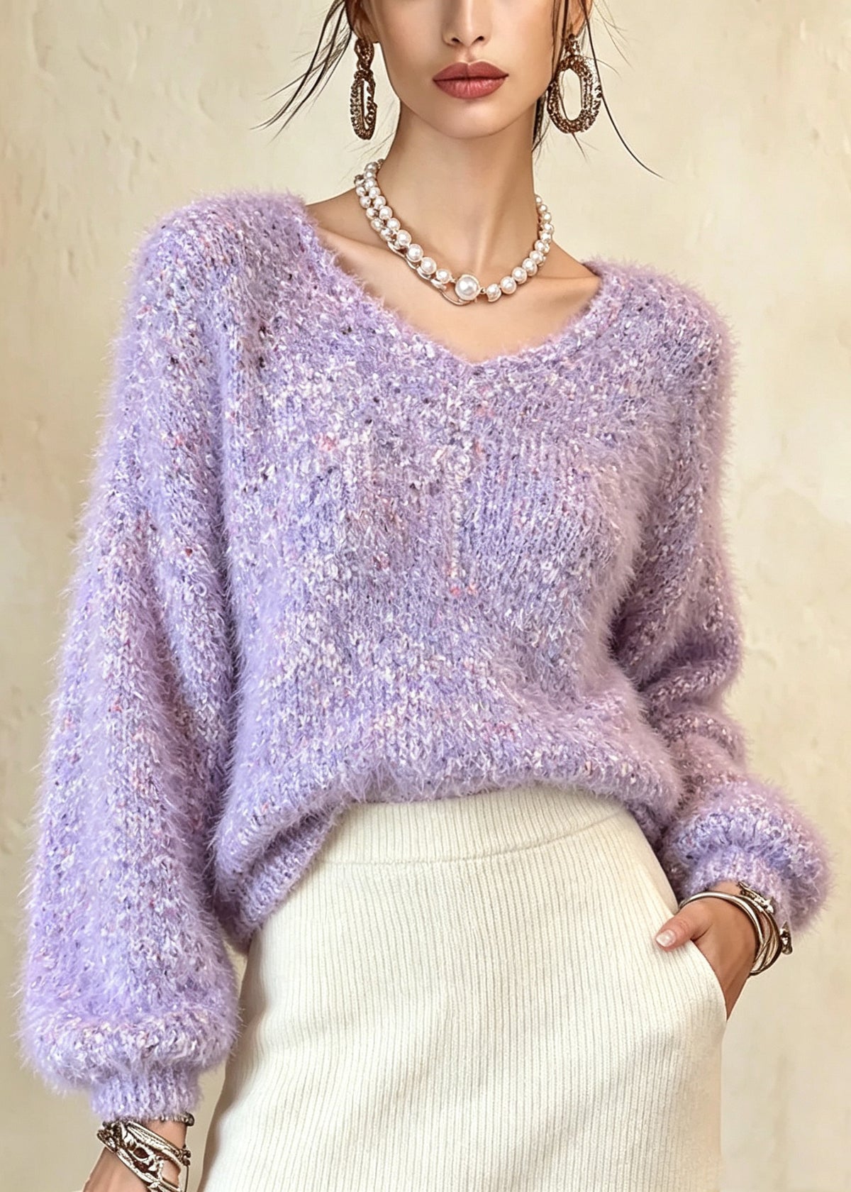 Beautiful Purple V Neck Thick Patchwork Knit Sweaters Fall