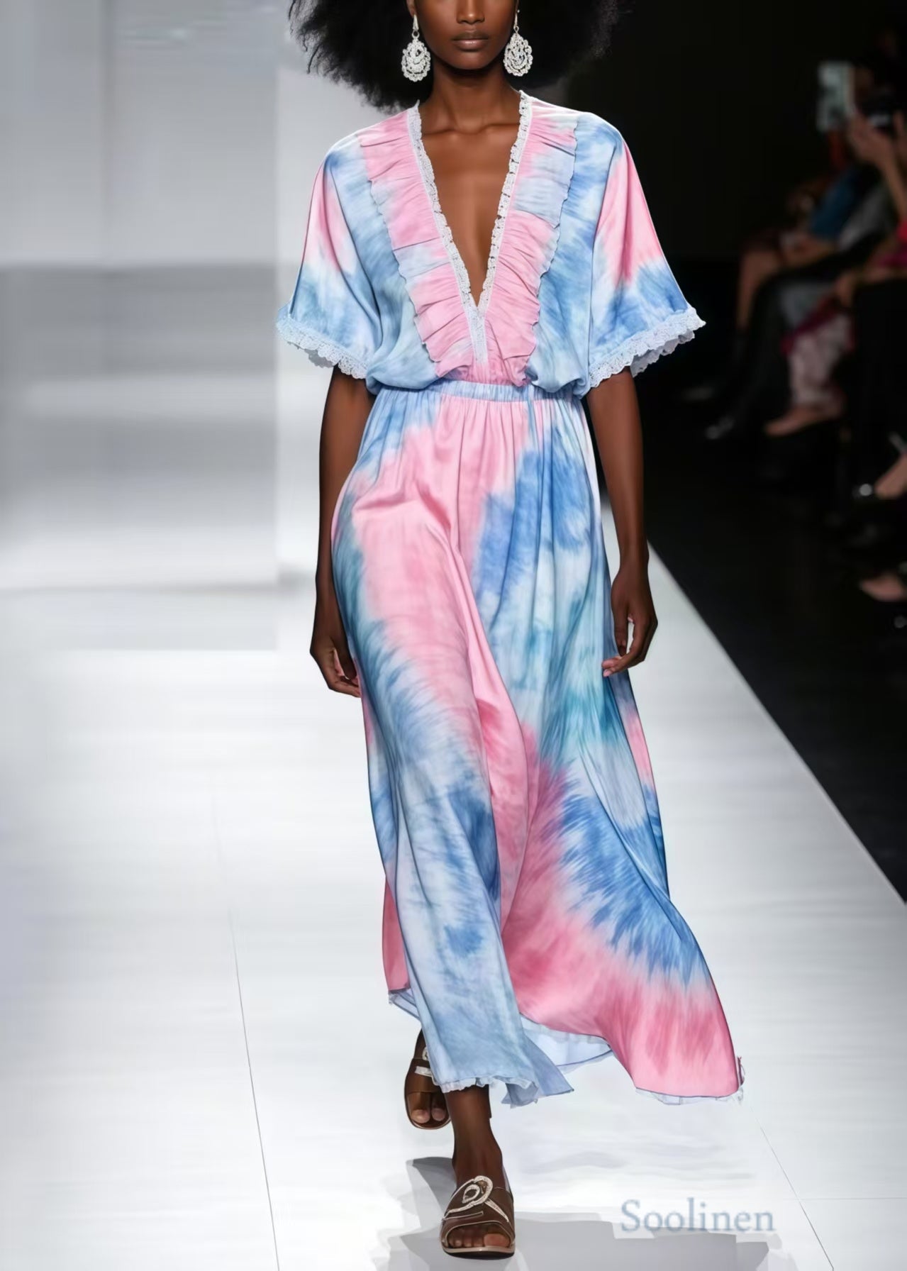 Beautiful Rainbow Ruffled Tie Dye Chiffon Maxi Dress Summer