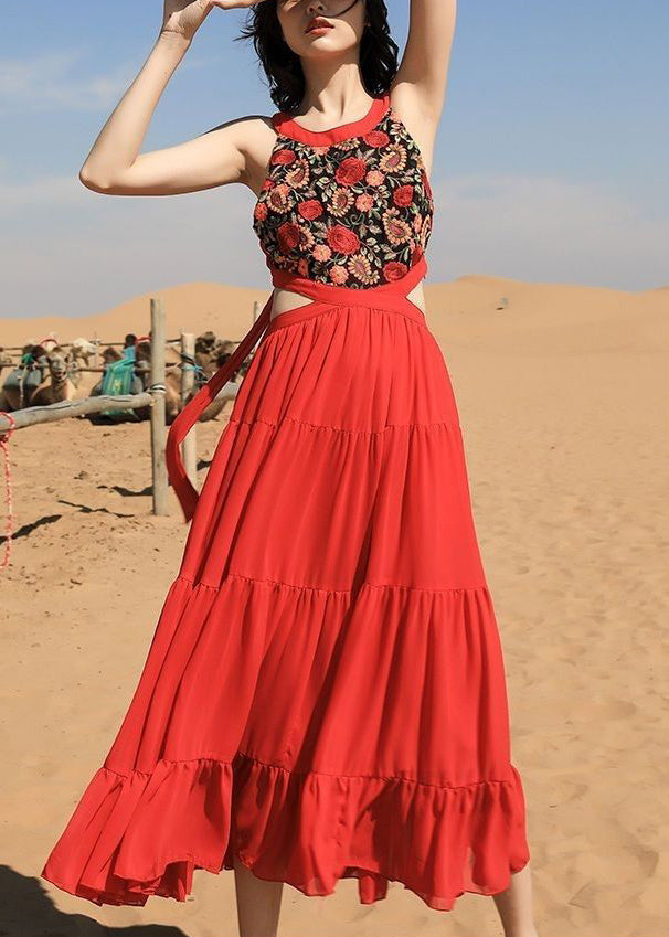 Beautiful Red Embroidered Lace Up Chiffon Long Dress Sleeveless