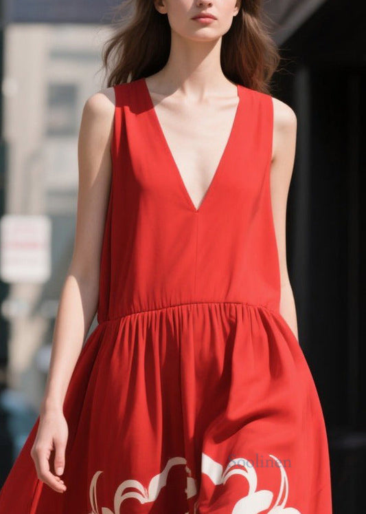 Beautiful Red Print Chiffon Beach Dress Summer