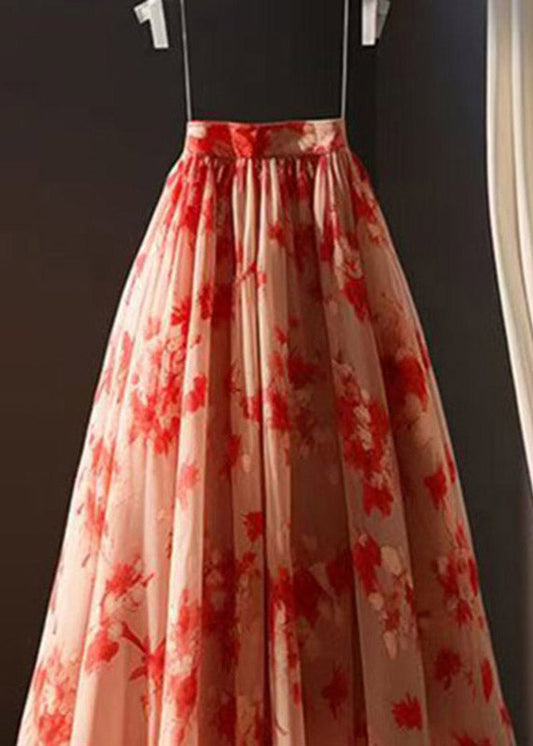 Beautiful Red Print Elastic Waist Chiffon A Line Skirts Summer