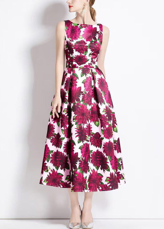 Beautiful Red Print High Waist Cotton Long Dresses Sleeveless