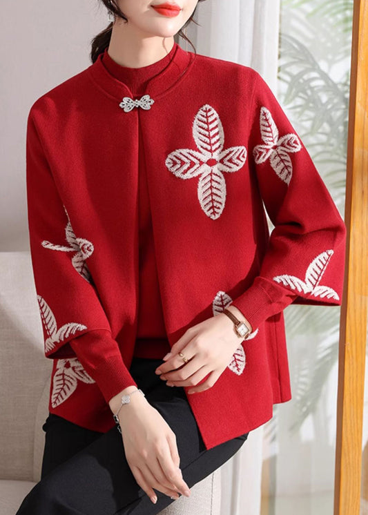 Beautiful Red Print Knit Cardigans And Sweaters Two Pieces Set Spring