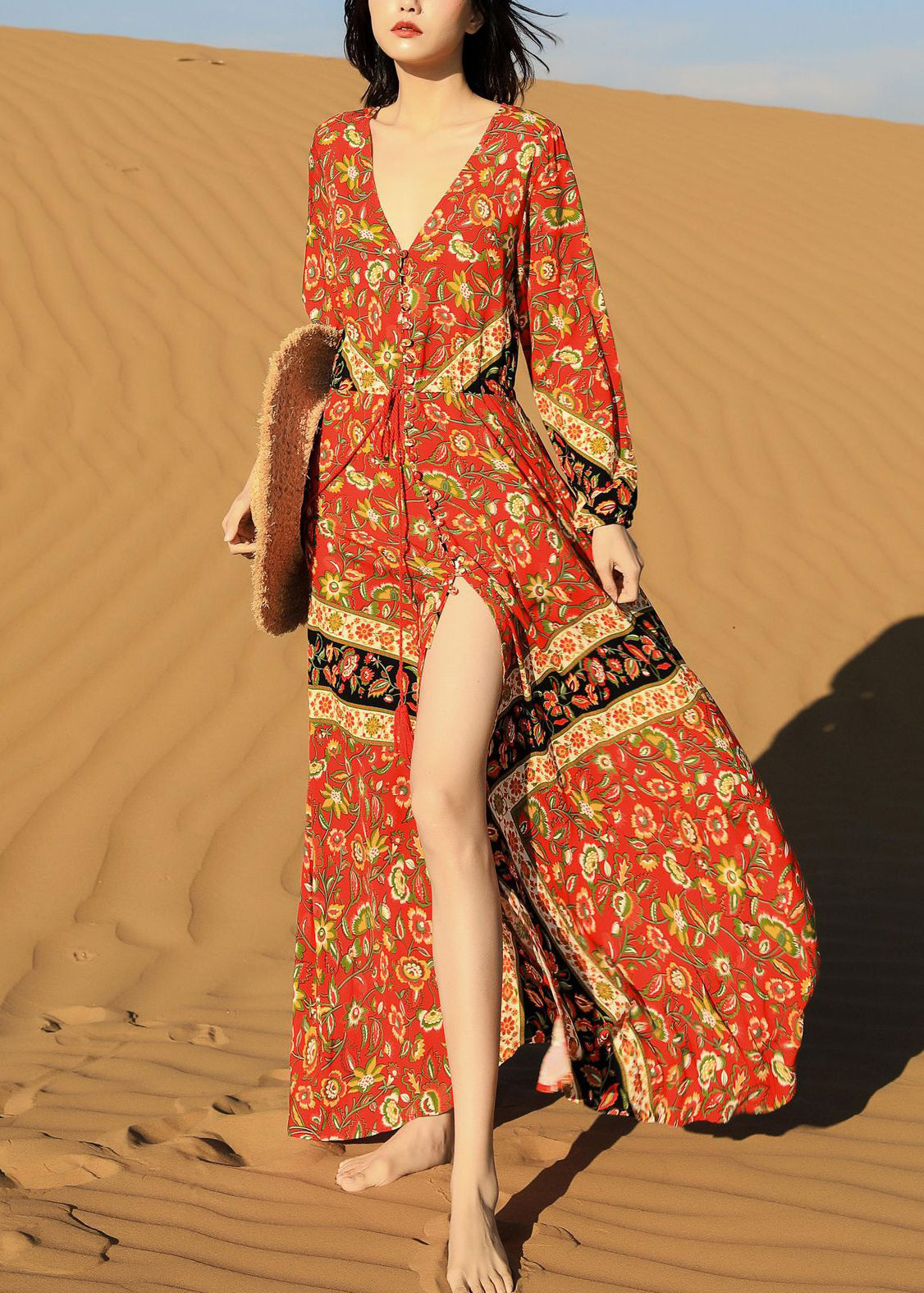 Beautiful Red Print Lace Up Pockets Long Dress Fall