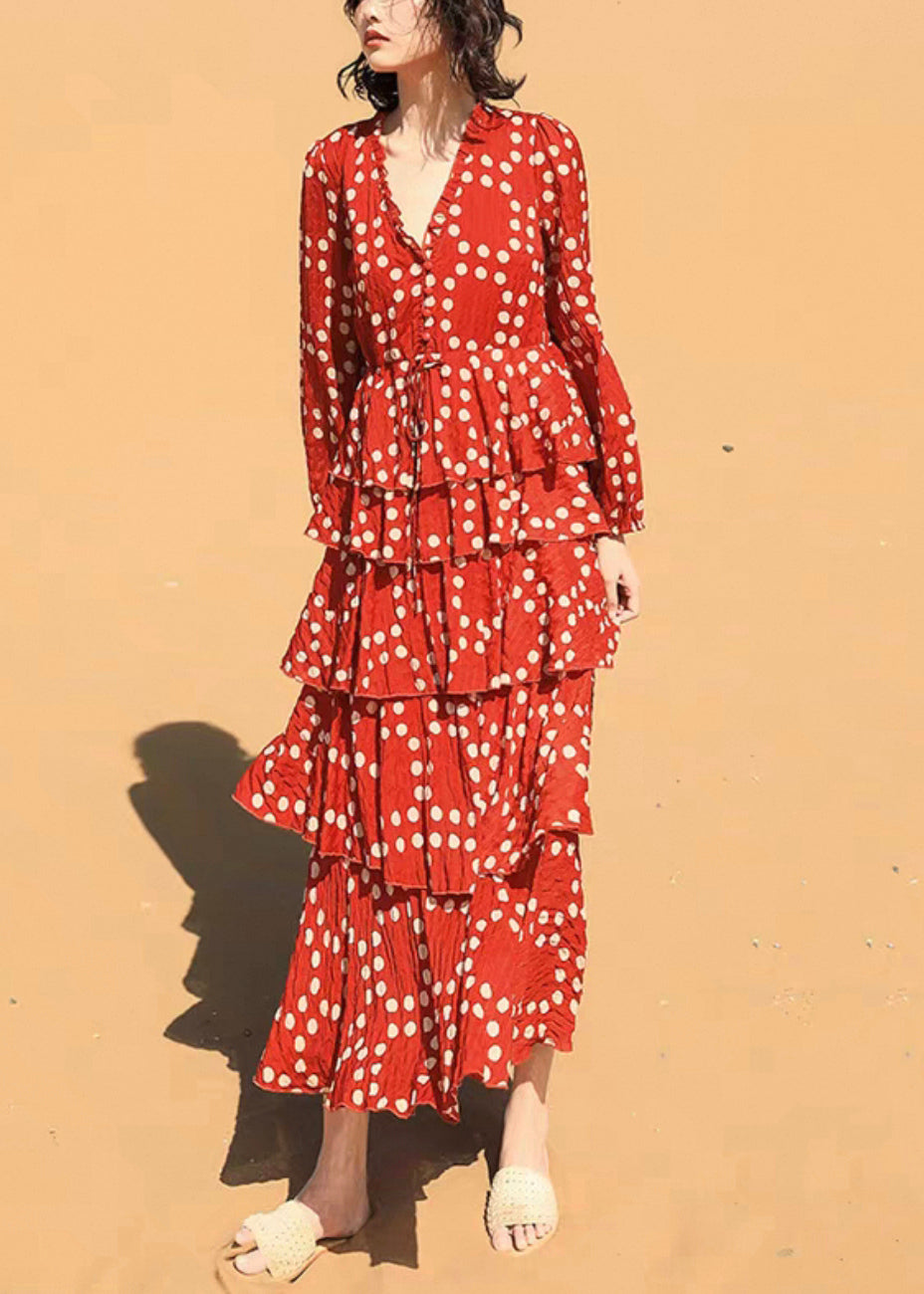 Beautiful Red Ruffled Dot Chiffon Long Dresses Spring