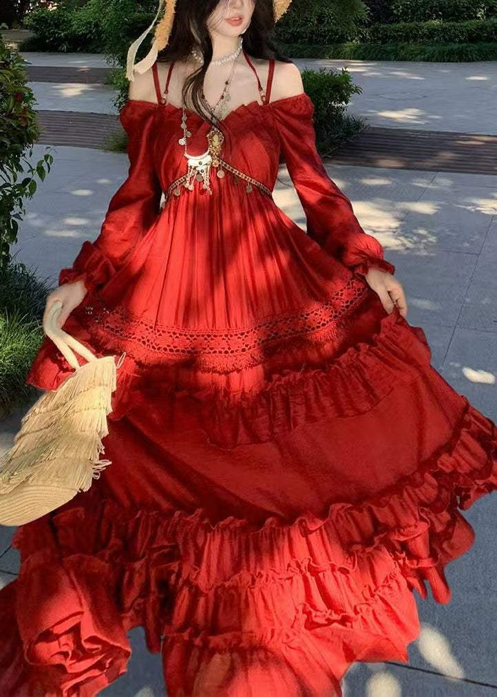 Beautiful Red Ruffled Patchwork Maxi Spaghetti Strap Dress Lantern Sleeveless