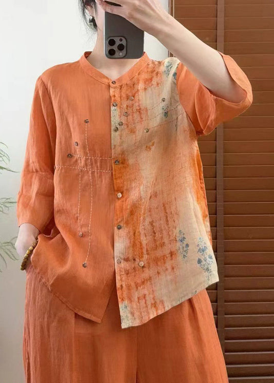 Beautiful Red Stand Collar Tie Dye Patchwork Linen Shirt Bracelet Sleeve