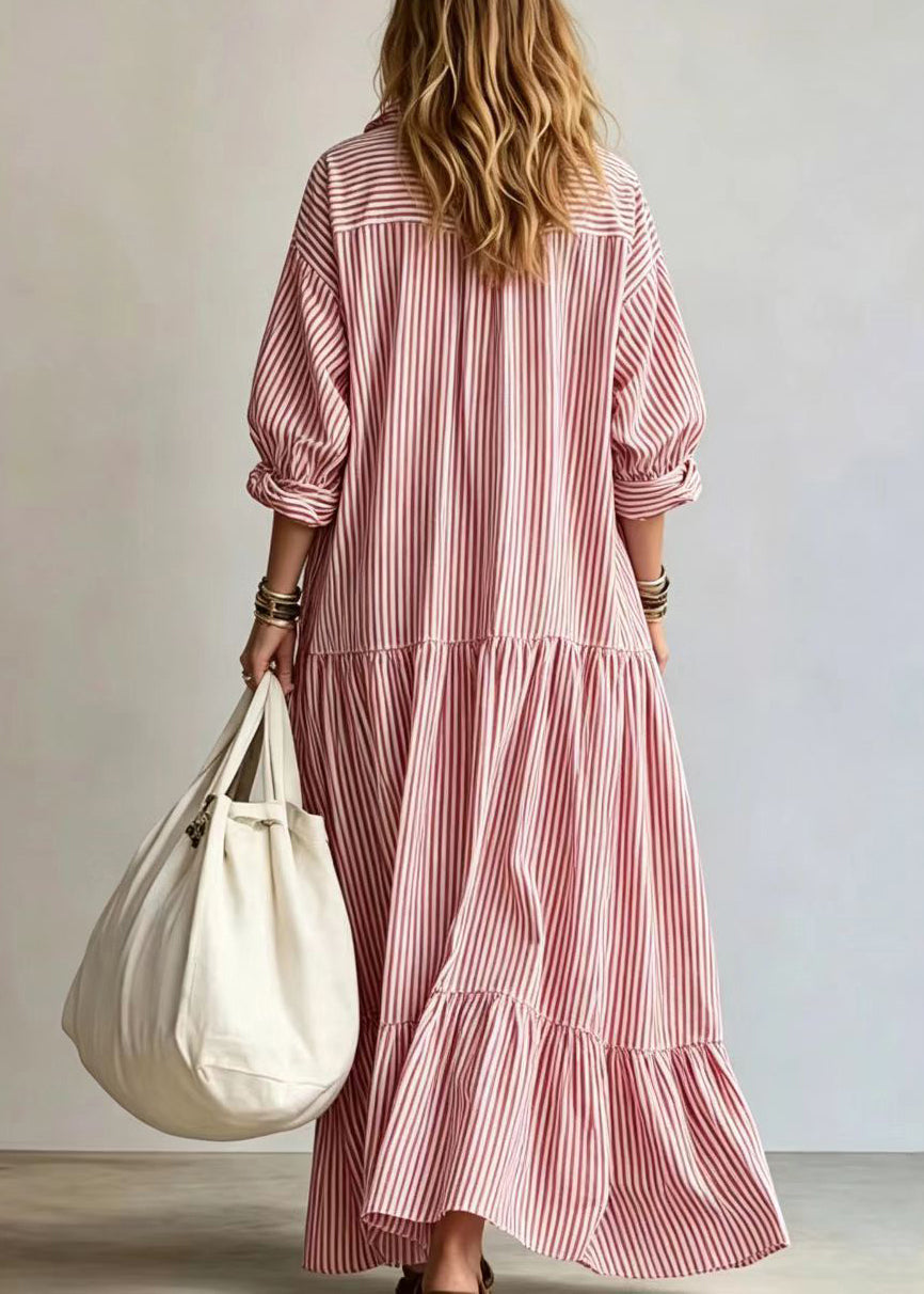 Beautiful Red Striped Peter Pan Collar Exra Large Hem Maxi Dress Fall