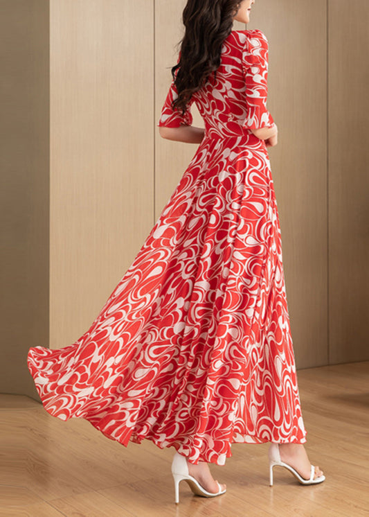 Beautiful Red V Neck Print Chiffon Long Dress Summer