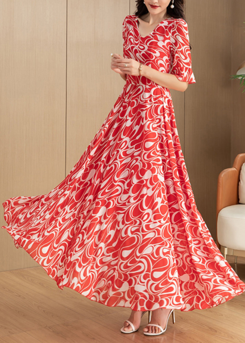 Beautiful Red V Neck Print Chiffon Long Dress Summer