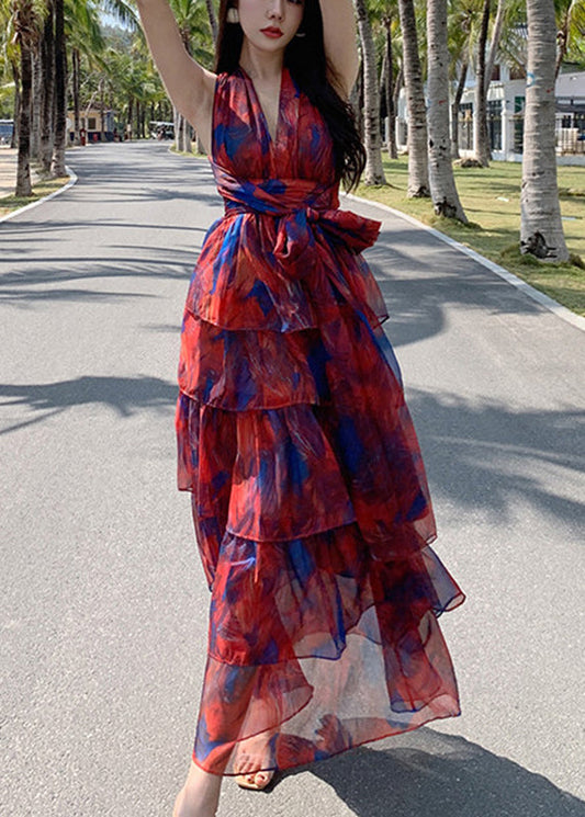 Beautiful Red V Neck Print Chiffon Tunic Maxi Dresses Summer