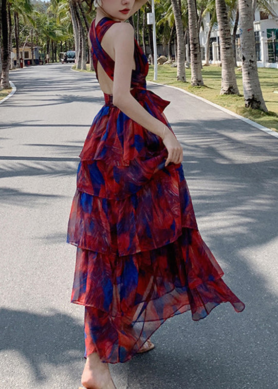 Beautiful Red V Neck Print Chiffon Tunic Maxi Dresses Summer