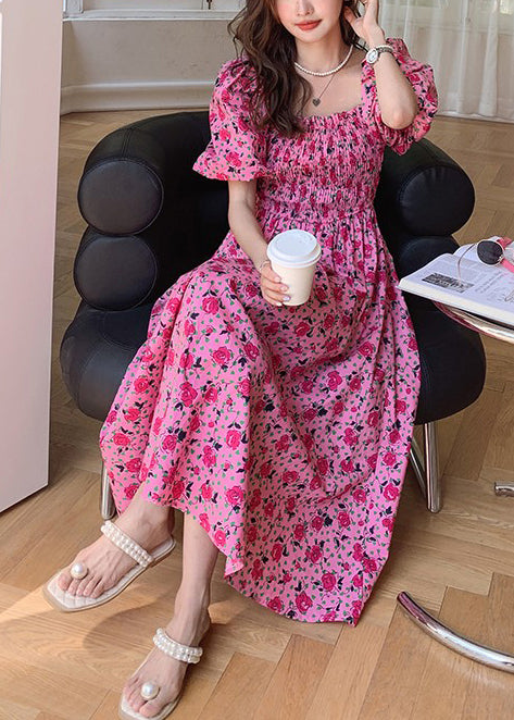 Beautiful Rose Puff Sleeve Print Cotton Holiday Dress