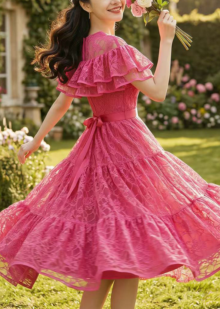 Beautiful Rose Ruffled Floral Lace Dress Summer