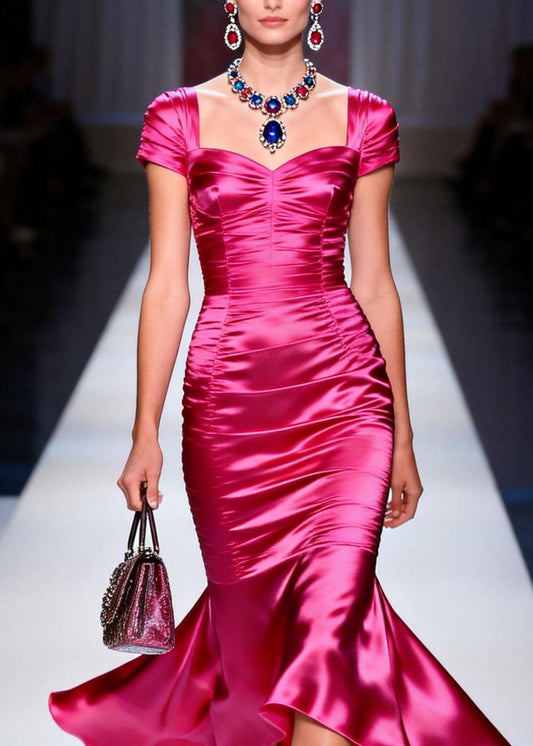 Beautiful Rose Ruffled Patchwork Slim Fit Silk Dress Summer
