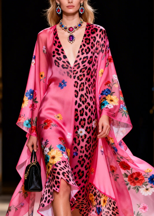 Beautiful Ruffled Asymmetrical Design Print Silk Long Dress Summer
