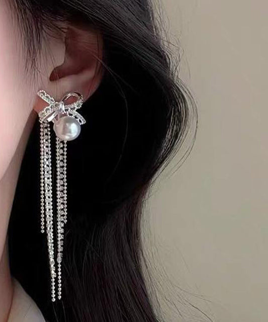 Beautiful Silk Zircon Alloy Pearl Bow Tassel Drop Earrings