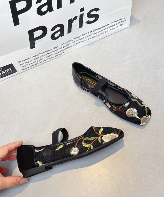 Beautiful Splicing Chinese Style Flats Black Breathable Mesh Embroidered