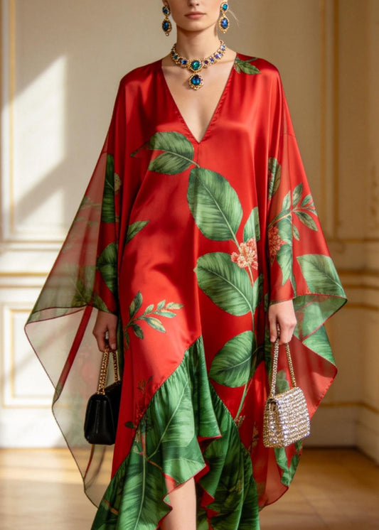 Beautiful V Neck Asymmetrical Design Print Chiffon Dress Summer