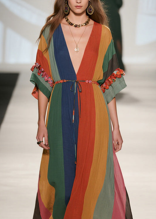 Beautiful V Neck Floral Patchwork Lace Up Cotton Dresses Summer