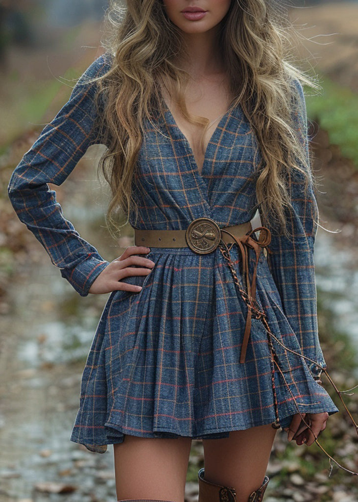 Beautiful V Neck Plaid Wrinkled Cotton Dress Long Sleeve