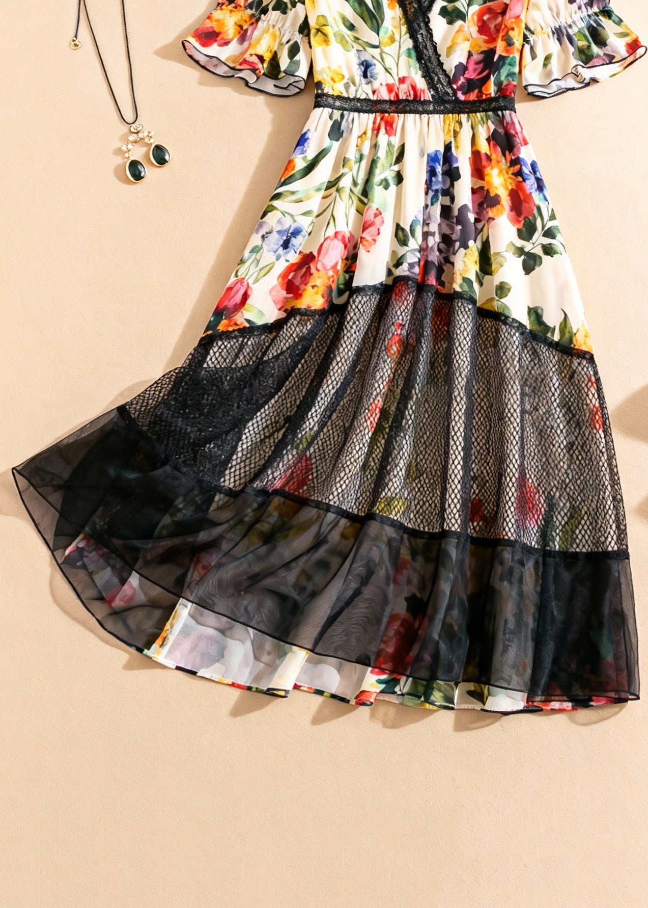 Beautiful V Neck Print Tulle Patchwork Long Dress Summer