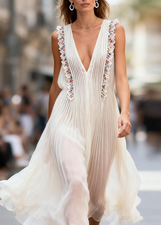 Beautiful V Neck Ruffled Floral Patchwork Chiffon Dress Sleeveless