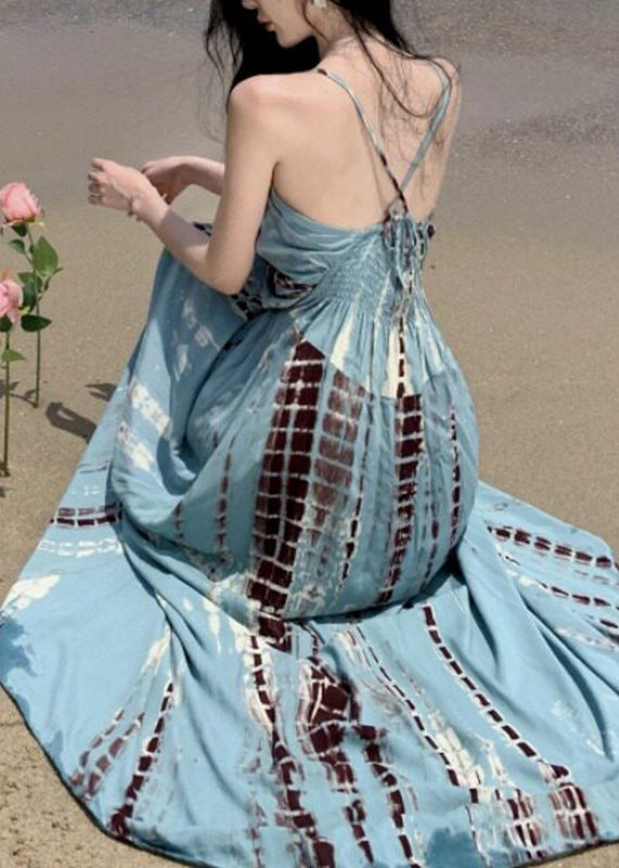 Beautiful V Neck Wrinkled Print Backless Maxi Spaghetti Strap Dresses Summer