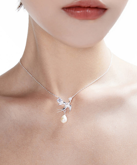 Beautiful Water Zircon Droplet Pearl Little Bird Silver Choker